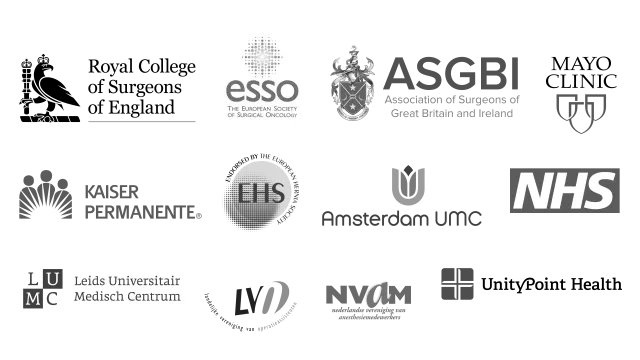 Logo's of Royal College of Surgeons; The European Society of Surgical Oncology; Association of Surgeons of Great Britain and Ireland; Mayo Clinic; Kaiser Permanente; European Hernia Society; Amsterdam UMC; NHS England; Leids Universitair Medisch Centrum; LVO; NVAM; UnityPoint Health.