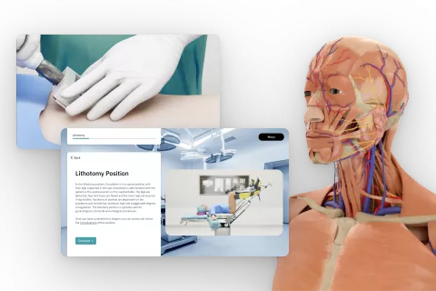 Screens of Academy showing an anatomy model and user interfaces for the courses.